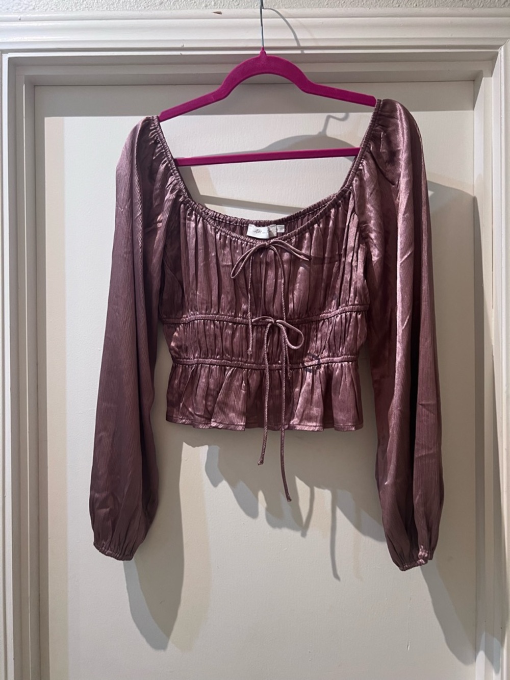 All in Favor Satin Tie-Front Peasant Top in Mauve
